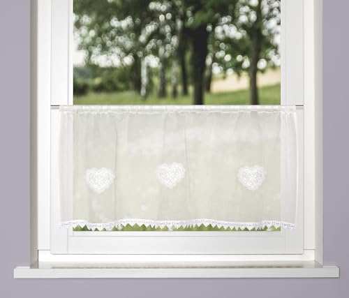HOME WOHNIDEEN Scheibengardine NISHAY, 45x145 cm, transparente Leinenstruktur, Herzen, Farbe:weiß, Größe:45 x 120 cm, Anzahl:1x