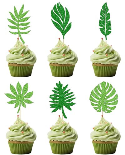 Tropische Blätter Kuchen Topper, 24 Stück Blätter Cake Topper, Grün Kuchen Topper, Cupcake Deko Hawaii, Cocktail Party Dekorationen für Obstkuchen Dessert Geburtstag Party