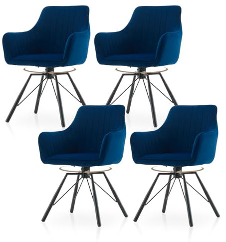 TUKAILAI Esszimmerstühle drehbar 4er-Set, Drehbare Küchenstuhl Samt, Ergonomischer Polsterstuhl mit Armlehnen Rückenlehne Metallbeine, Moderne Sessel für Esszimmer Wohnzimmer Küche, Blau