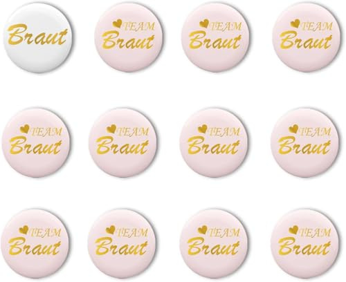 Team Braut Ansteckbuttons, 12 Stück, Rosa und Gold, JGA Deko für Junggesellinnenabschied