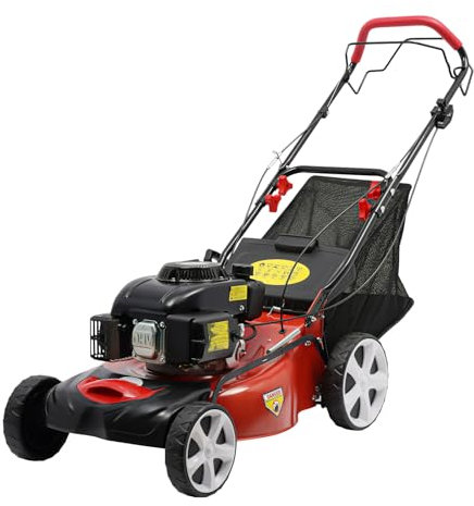 NaMaSyo Cortacésped de gasolina, 4 tiempos, 140 cm³, 5 HP, ancho de corte de 51 cm, 8 alturas de corte, cesta de hierba plegable de 60 l