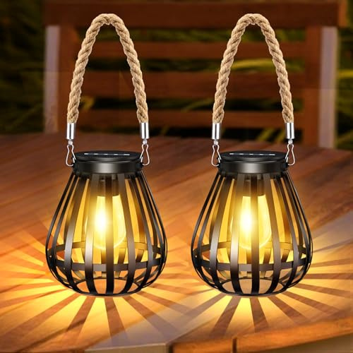 Liuyife 2 Stück Solarlampen für Außen Hängend, Metall Solar Laternen für Draußen mit LED-Glühbirne, IP65 Wasserdicht Solarlampen für Außen Terrasse Balkon Hof