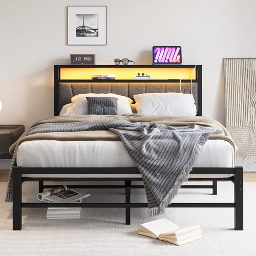 BORPHOM Letto imbottito 120 x 200 cm, con illuminazione a LED, telaio del letto con rete a doghe in metallo, 120 x 200 cm, con testiera e stazione di ricarica, facile montaggio, letto matrimoniale per