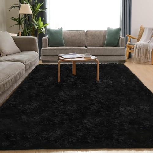 Puremy Hochflor Teppiche Wohnzimmer Flauschiger Weich, 140x200cm, Schwarz | Wohnzimmerteppich Waschbarer & Anti-Rutsch Modern Shaggy Teppich für Schlafzimmer, Kinderzimmer