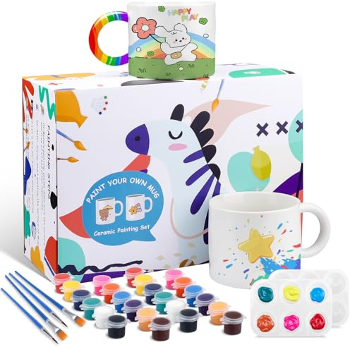 Hcunbsu Keramik Bemalen Set, Tassen zum Bemalen Set für Erwachsene | DIY Keramik Bemalen mit 2 x Tassen, 2*Farbwanne, 4*Pinsel, 2 * 12 Porzellanfarbe, Kreatives Geschenk für Kinder & Erwachsene