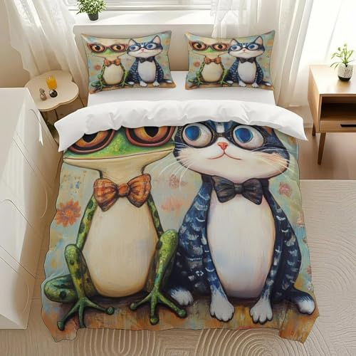youryyjour Frog and Cat Duo Bedding Comforter Sets Bedding Set 3 Pieces (1 Duvet Cover 2 Pillowcases) with Zipper Closure Lightweight
