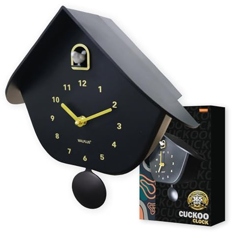 WALPLUS Black Matte Cuckoo Wall Clock 32.4 x 32.5 cm, Battery Operated Clock with Bird, Pendulum and Chime for Living Room Kitchen Bedroom