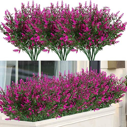 Regallop Artificial Outdoor Lavender Flowers,16 Bundles Artificial Flowers UV Resistant Fake Outdoor Faux Plastic Flowers Shrubs for Indoor Outside Decorations (Fuchsia)