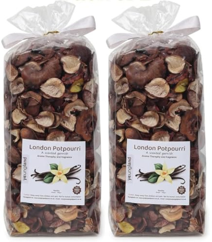Youngland London Potpourri Vanilla Scented Garnish Natural Dried Flower Vase Filler with FREE 10ml Fragrance Oil Bottle Luxury Aromatherapy & Home Fragrance Gift 400 Gram Pack of 2