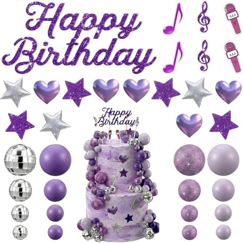 32Pcs Cake Decorations Disco Ball Cake Toppers for Birthday Party | Purple disco ball cake topper set with glitter stars and heart picks, perfect for birthdays, parties and cake decorations