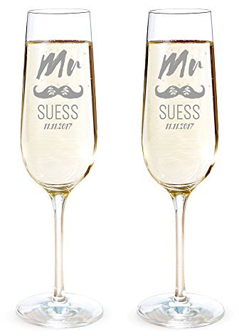 AMAVEL - Set de 2 flûtes à Champagne avec Gravure - Mr & Mr - Personnalisé avec [NOM] et [Date] - Couple de mariés homosexuels - Moustache - Cadeau de Mariage - Cadeau pour Amoureux