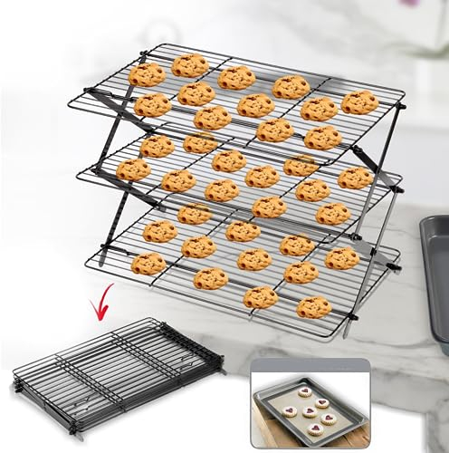 Arbelle Innovations 3-Tier Collapsible Cooling Rack Expandable & Collapsible Cookie Wire Baking Foldable Cooling Racks Premium Quality And Sturdy Legs Ideal For Baking Supplies, 10''x16''x12'', Black