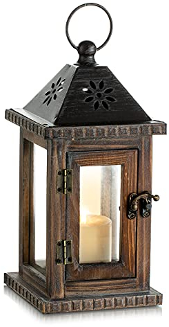 Romadedi Laterne Holz Holzlaternen für Kerzen - Windlicht Gartenwindlicht Hängend Kerzenständer Landhaus Deko Vintage Ornament Innen Außen Laternen Für Hochzeit und Weihnachten Tischdeko, Braun 28cm