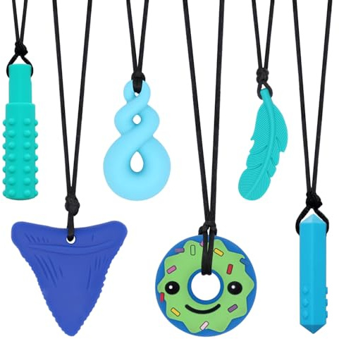 Chew Necklaces for Sensory Kids, 6 PCS Sensory Chew Necklaces for Boys Girls with ADHD, SPD, Autism, Chewing Needs, Silicone Chewy Necklaces Chew Toys for Adults Used for Reliving Anxiety (Blue)