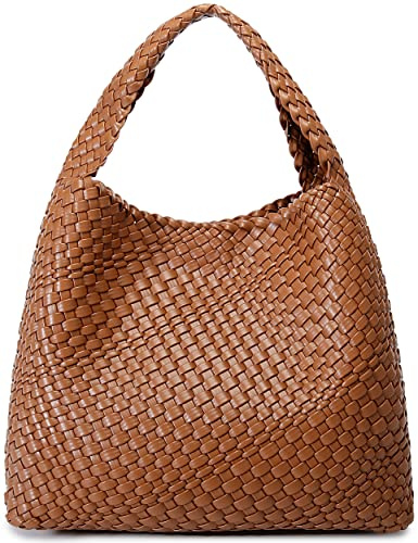 Queenoris Borsa da donna in tessuto alla moda con manico superiore, morbida borsa a tracolla estiva Hobo Tote Bag, Marrone, Medium
