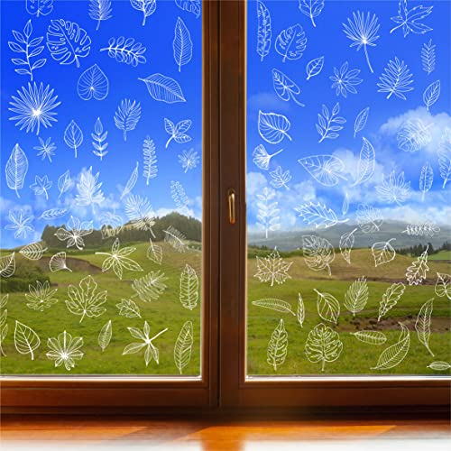 90 PCS Double Sided White Leaves Stickers - 90 Designs Reusable Window Decals Bird Alert Static Clings for Door, Window, Glass Decoration, Prevent Bird Strikes (9 Sheets)