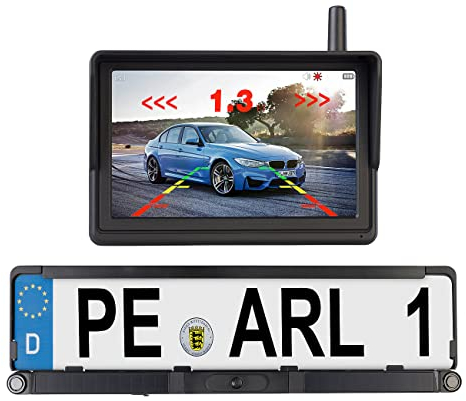 Lescars Rückfahrkamera: Solar-Funk-HD-Rückfahrcam Nummernschildhalter, Monitor, Abstandswarner (Rückfahrkamera nachrüsten, Nummernschild Solar, Video Rückfahrsystem)