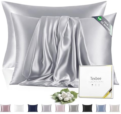 Texbee Seidenkissenbezug 40x80 Maulbeerseide für Haar und Haut, Silbergrau | Beidseitige 22 Momme Naturseide für gesunde Haut & glattes Haar, mit Diskreter Reißverschluss, kühlend, atmungsaktiv, 2 Stück