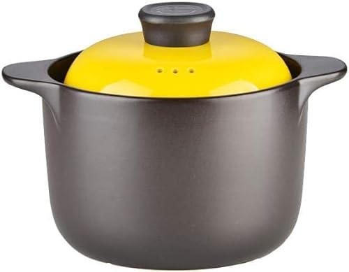 Kitchen Stoneware Cooking Pot Tureen Soup Casserole Dish with Lid, Chinese Soup/Clay/Earthen Pot with Double Handle and Yellow Lid, Ceramic Cookware, Round Black (3.0 Liter)