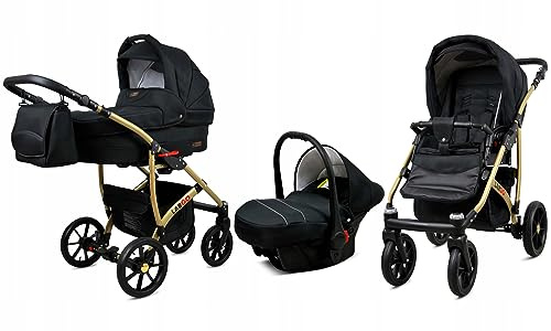 BabyLux® Kinderwagen Set 3 in 1 - Largo - incl. Babywanne, Buggy Sportsitz, Auto-Babyschale - Autositz - Kinderwagenset - Kombikinderwagen mit Wickeltasche, Regenschutz usw.