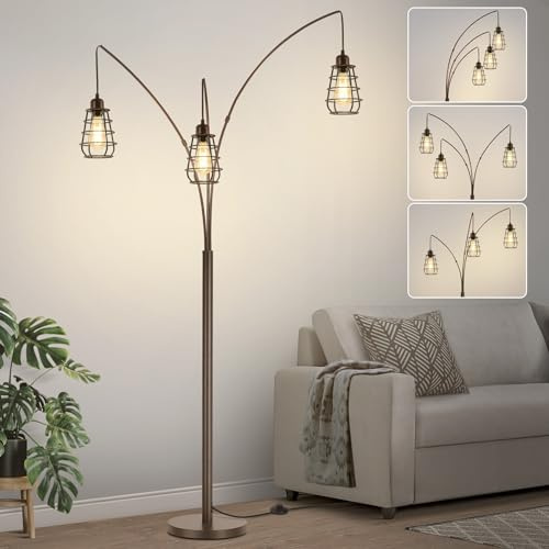 Boncoo Industrial Floor Lamp, 3 Light Arc Floor Lamps for Living Room, 76 Inch Tall Standing Lamp with Metal Cage Shades & Foot Switch, Vintage Floor Lamp for Bedroom, Office, Corner, Bronze