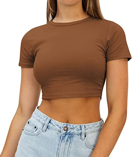AirMood Damer crop sport gym t-shirts basic skuren träning fitness toppar, BRUN, S