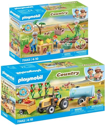 Playmobil Set of 2: 71442 Tractor with Trailer and Water Tank & 71443 Idyllic Vegetable Garden with Grandparents