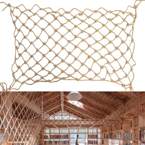 Ganggend Hemp Rope Net (4ftx8ft) Heavy Duty Natural Jute Rope Net Climbing Safety Rope Netting Balcony Stairs Fence Garden Playground Protection Net Indoor & Outdoor Decor Rope Net
