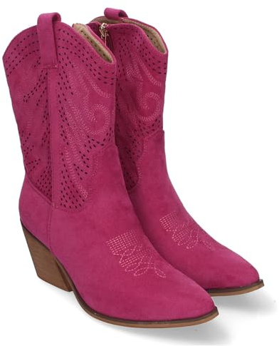 83911 Botin de Tacon Campero para Mujer, Estilo Vaquero, Elegantes, con Bordados en Pala y Cana, Punta Afilada y Practico Cierre Lateral de Cremallera. Fucsia Talla 40