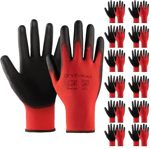 Velway Guanti da Lavoro Protettivi 12 Paia - Resistenti all'Abrasione - Fibra Poliestere con Rivestimento in PU - Versatile Protezione Meccanica Industriale Giardinaggio Montaggio - Rosso Taglia 9/L