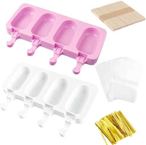 Gotetiso 2 Stück Groß Silikon Eisformen Eis Am Stiel Eisformen Silikon Formen 4 Kavitäten Cakesicles Silikonform Stieleisformen Ice Lolly Mould 50 Holzstielen 50 Verpackungsbeutel 50 Kabelbinder