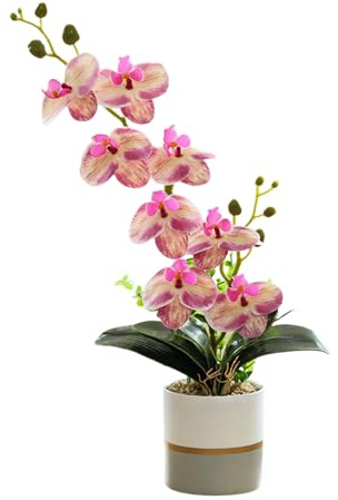 Generico Fiore di Orchidea Artificiale Giallo a Due Punte Fiori in Silicone Phalaenopsis Phalaenopsis a Otto Teste con Vaso di Fiori Fiore di Farfalla di Simulazione Bianco in Vaso (rosa)