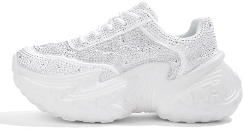 LUCKY STEP Women's Chunky Sneakers Platform Fashion Rhinestone Sparkly Dad Walking Shoes Butterfly Lace Wedge Casual Shiny Thick Sole Footwear(White,9)