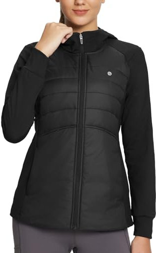 baleaf Damen isoliert Laufjacken Wasserdicht Puffer Hybrid Daunen Winterjacke Wandern Reißverschlusstaschen mit Hoodie Schwarz L
