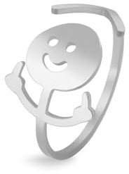 Dreamtimes Smiley Face Figurine Sign Language Anneaux pour femmes hommes Bague réglable avec ouverture en acier inoxydable doigt moyen Stickman Couple Anneaux (Argent)