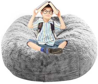 BCU Bean Bag Cover Comfy Beanbag Chair for Adults Without Filler Faux Fur Lazy Sofa Cover for Living Room Chairs, Grey, 3.5FT