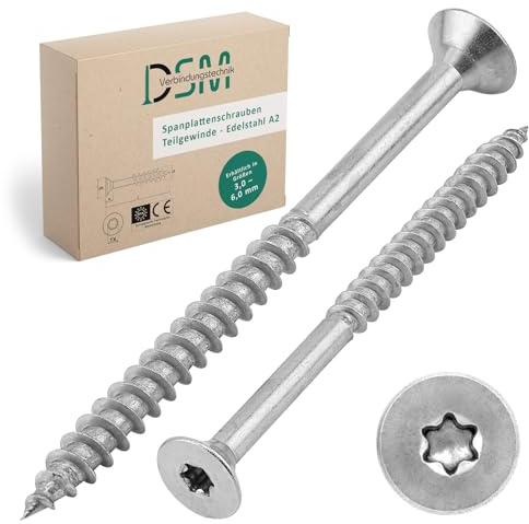 DSM – Vis pour aggloméré 4,5 x 60 mm – Acier inoxydable A2/V2A – avec tête fraisée et entraînement TX – avec approbation ETA – Vis à bois à filetage partiel – Vis pour construction en bois – Vis