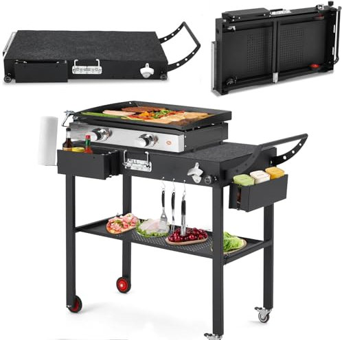 U-MAX Outdoor Grill Dining Cart, Folding Stainless Steel Pizza Oven Stand Movable, BBQ Trolley Food Prep Table with Wheels for Ninja BBQ Outside Use Two-Layer & Utensil Holder