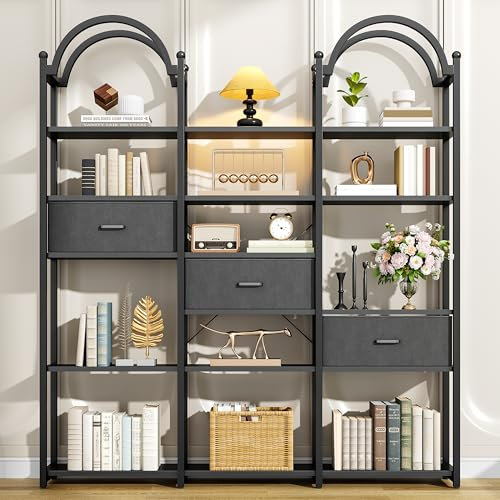 Nosepen 83.5 Tall Arched Bookshelf with 3 Drawers and 13 Storage Shelves, Industrial Open Book Shelf with Display Shelves, Large Etagere Bookshelf, Triple Wide Book Case for Home & Office, Black