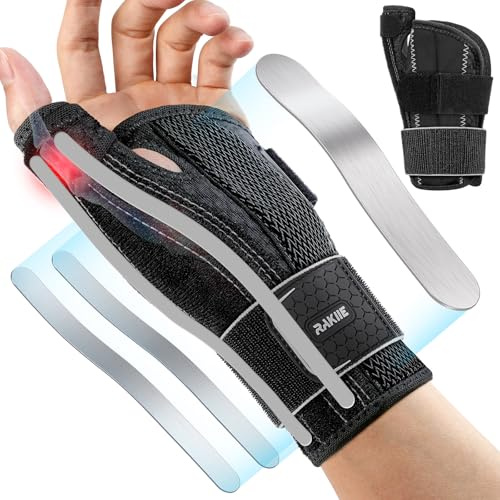 Rakiie Attelle de poignet et de pouce - Bandage de poignet pour la main droite - Attelle de pouce avec 3 attelles en métal - Respirant - Pour hommes et femmes - Gris - L/XL - Gauche