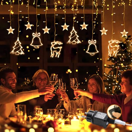 DA LIGHT Guirnalda LED Lluvia de Hielo Blanco Cálido 2500K - 2,3m/138 LEDs - Colgantes (Estrellas, Árboles, Renos, Campanas) - 8 Modos Temporizador/Memoria - IP44 Int/Ext