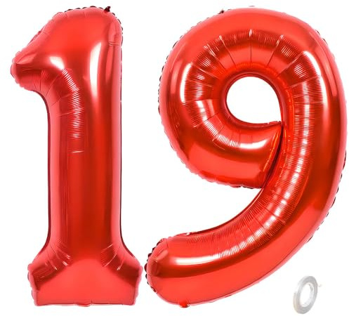 Balorise 40 Inch Giant Red Aluminum Balloon Number 19/91, Inflatable Helium, Large Number 0-9, 10-100 (101 cm), Foil Balloons Decoration for Birthday Party and Wedding