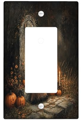 Halloween Witch Magic Broom Decorative Light Switch Cover Plate 1 Gang Single Rocker, Horror Scary Vintage Cemetery Electrical Faceplate for Room, Spooky Switchcover Switchplate