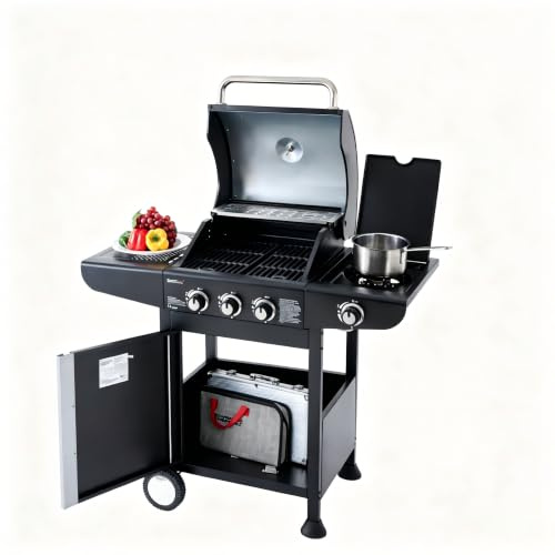 Royal Gourmet Barbecue Gaz à 3 Brûleurs avec Brûleur Latéral, Gril à Gaz sur Chariot de Puissance 11,5 KW avec 2 Grille en Fonte et 2 Tables d’Appoint, Adapté pour Jardin et Extérieure, Noir
