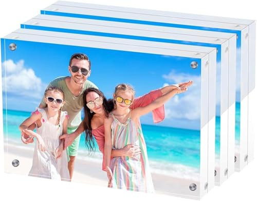 Kinmsito 3 Stück Acryl Bilderrahmen, Fotorahmen, Klar, 10 X 15 Cm | Desktop Rahmenlosen Magnetischen Bilderrahmen, Klare Doppelseitige Rahmenlose Fotorahmen for Familienfotos Hochzeitsfotos