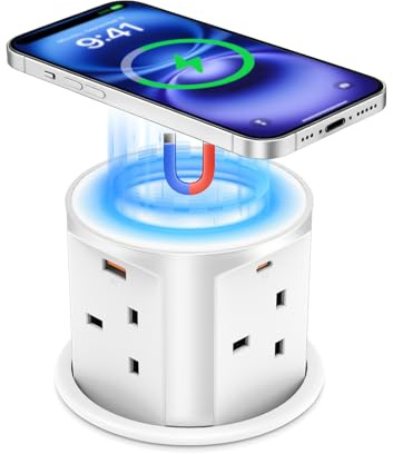 Jgstkcity Pop up Socket USB C 65W, 15W Magnetic Wireless Charger, White | 4 Way Pop up Power socket, 4 USB‑C Ports, 3.94'' Hole, 2m Cable, Worktop Mounted Design for Office, Gaming & Dorm