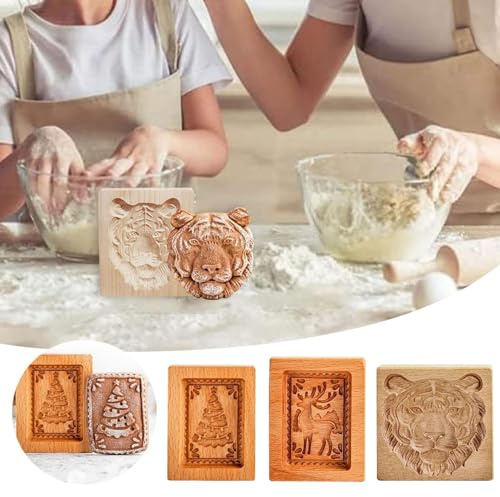 3 Stück Weihnachten Hölzerne Keksformen, Kekse, geschnitzte Holzform, DIY, Keksstempel,Ausstechform,3D-Presse, Prägeform, Blumenmuster, Backwerkzeug, Rentier (Mehrfarbig)