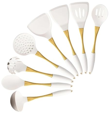 Lot de 8 ustensiles cuisine en silicone blanc doré, spatule, tourneur, passoire à pâtes résistante la chaleur, pelle, accessoires
