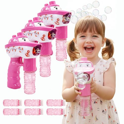 Pistola de Burbujas - Set de 3 - AMATOYS - Máquina de Pompas Automática con Luces - Forma de Barco - Pomperos para Niños - Juguete para Piscina y Verano - Regalo para Cumpleaños (Rosa)
