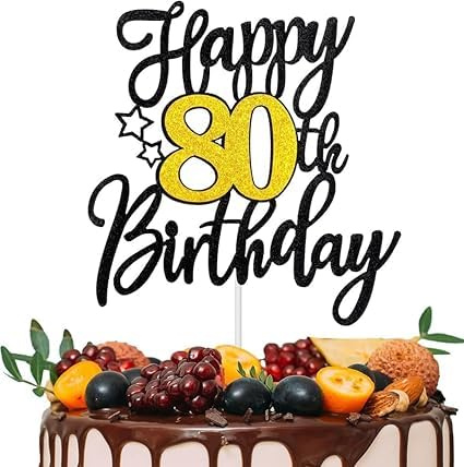 80th Birthday Cake Topper - Gold Glitter Happy Birthday Sign, Food Safe Bamboo & Paper Elegant Cake Decorations for 80 Year Old